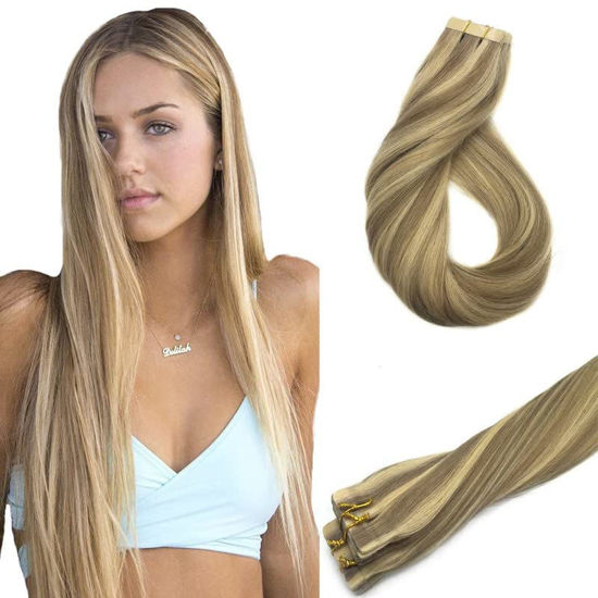 Picture of GOO GOO Hair Extensions Tape in Light Blonde Highlighted Golden Blonde Remy Tape in Human Hair Extensions Silky Straight 20pcs 30g 10inch