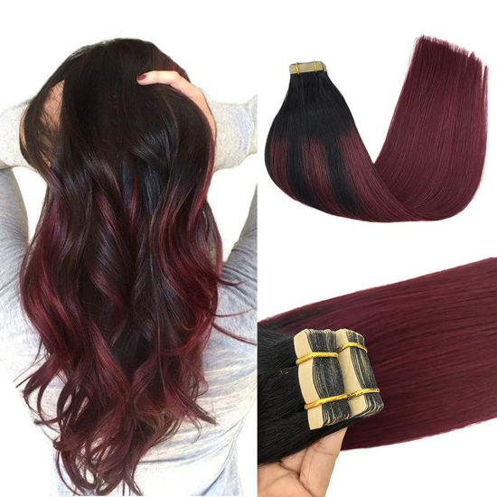 Picture of GOO GOO 10inch Tape in Hair Extensions Ombre Jet Black to Red Ombre Skin Weft Human Hair Extensions Tape in Remy Hair Extensions 21pcs 30g