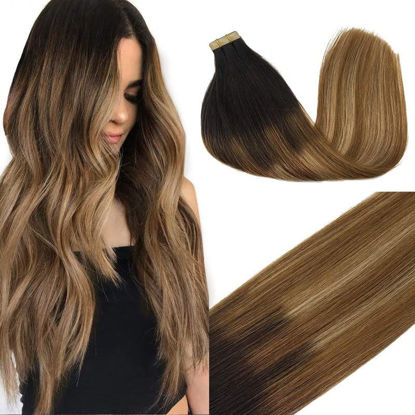 Picture of GOO GOO Hair Extensions Tape in Balayage Brown to Dirty Blonde 100% Real Remy Human Hair Extensions Tape in Natural Hair 20pcs 30g 10 inch