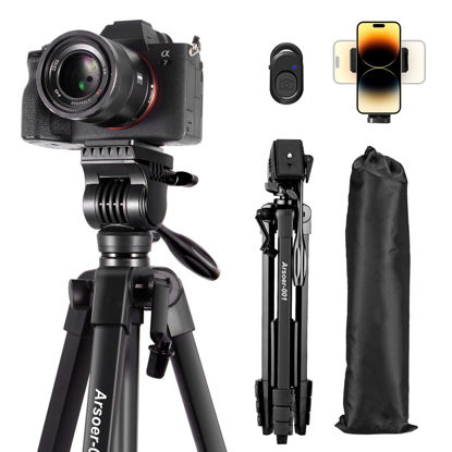 Picture of Camera Tripod,Video Tripod with Fluid Head, Arsoer 60" Vlog Tripod with Wireless Remote/Carry Bag/Rotatable Phone Holder, Compatible with iPhone/Canon/Nikon/Sony/Telescope, for Vlogging/Shooting