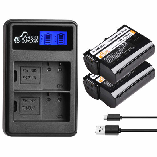 Picture of Pickle Power EN-EL15 EN EL15A Batteries and Smart LCD Dual Charger Compatible with Nikon D850, D810, D810A, D800, D800E, D7500, D7200, D7100, D7000, D750, D810, D610, D600, D500, 1v1 Cameras