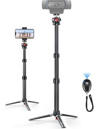 Picture of Webcam Tripod Stand, Nycetek Adjustable Sturdy Desk Tripod for Logitech Webcam C920 Brio and Other Webcam with 1/4" Thread, Aluminum Table Tripod with Phone Holder & Remote for Cell Phones, Camera