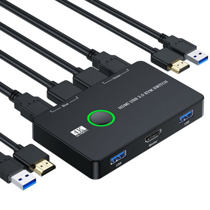 Picture of KVM Switch HDMI, Upgraded USB and HDMI KVM Switch for 2 Computers Share Keyboard Mouse Printer to One HD Monitor, Supports 4K@60 Hz, 2 HDMI Cables and 2 USB Cables Included