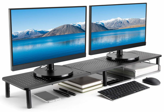 Picture of Husky Mounts Large Dual Monitor Stand Riser, Adjustable Legs, 39" x 9.25" x 5.5" Max Height, Matte Black Steel