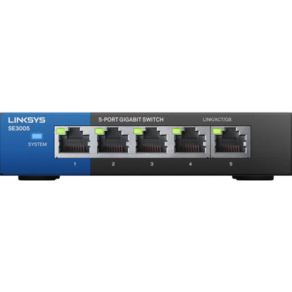 Picture of Linksys SE3005: 5-Port Gigabit Ethernet Unmanaged Switch, Computer Network, Auto-Sensing Ports Maximize Data Flow for up to 1,000 Mbps (Black, Blue)