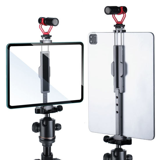 Picture of Arnarkok Metal Tablet Tripod Mount 7.9in-12.9in Ipad Holder for Tripod w Rotatable Cold Shoe, 2 Acra Swiss QR Mount Bracket Universal Tripod Tablet Mount Ipad Tripod Mount for Video Recording Rig