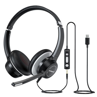 Picture of KONNAO USB Headset with Microphone, 3.5mm Wired Computer Headsets with Noise Cancelling Microphone, Stereo Headphones with MIC for PC, in Line Controls, Work Headset for Skype Zoom Tablet Laptop