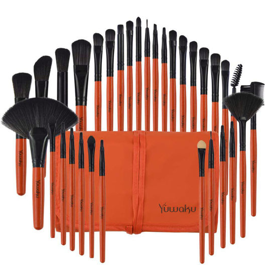 Picture of Yuwaku Makeup Brushes, Orange Red Makeup Brushes Set 32 Piece Premium Synthetic Foundation Powder Concealers Make up Brushes Wooden Handle…