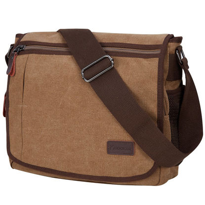 Picture of Modoker Messenger Bag for Men, 13 Inches Laptop Satchel Bags, Canvas Shoulder Bag with Bottle Pocket, Brown