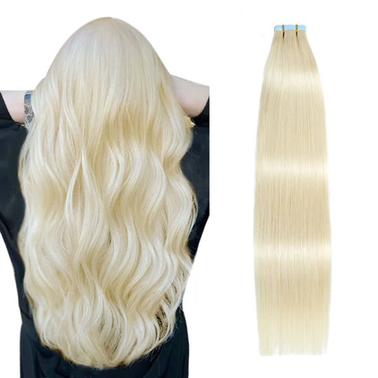 Picture of SUYYA Tape in Hair Extensions Human Hair Platinum Blonde 12 Inch 40g/pack 20pcs Straight Seamless Skin Weft Tape in Real Human Hair Extensions(12inch #60)