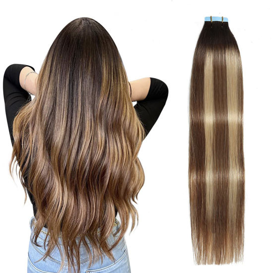 Picture of SUYYA Tape in Hair Extensions Human Hair Balayage Darkest Brown to Chestnut Brown and Light Blonde 12 Inch 40g/pack 20pcs Straight Seamless Skin Weft Tape in Real Human Hair Extensions(12inch #P6/16/T2)