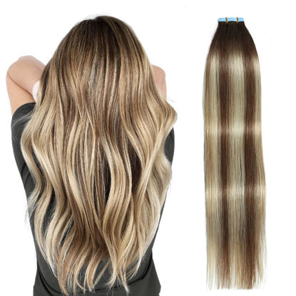 Picture of SUYYA Tape in Hair Extensions Human Hair Balayage Chocolate Brown to Bleach Blonde and Chestnut Brown 12 Inch 40g/pack 20pcs Straight Seamless Skin Weft Tape in Real Human Hair Extensions(12inch #P6/613/T4)