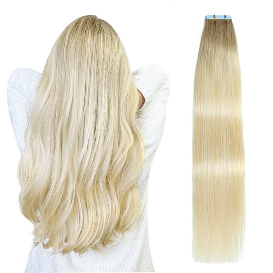 Picture of SUYYA Tape in Hair Extensions Human Hair Balayage Ash Blonde to Medium Blonde and Platinum Blonde 12 Inch 40g/pack 20pcs Straight Seamless Skin Weft Tape in Real Human Hair Extensions(12inch #P22/60/T18)