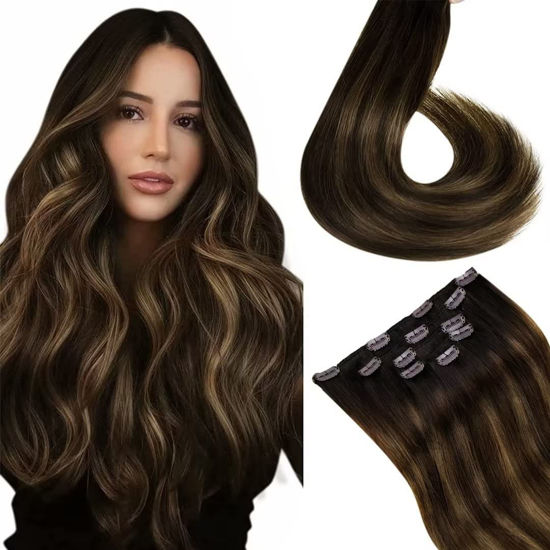 Picture of LAAVOO Balayage Clip in Extensions Real Human Hair Brunette 12 inch Dark Brown to Light Brown Women Hair Extensions Clip on Double Weft Real Hair Extensions for Short Hair 5pcs 80g