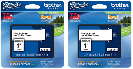 Picture of Brother Genuine P-Touch 2-Pack TZe-251 Laminated Tape, Black Print on White Standard Adhesive Laminated Tape for P-Touch Label Makers, Each Roll is 0.94"/24mm (~ 1") Wide, 26.2 ft. (8M) Long