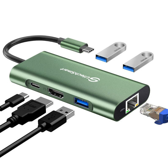 Picture of USB C Hub, UtechSmart 6 in 1 USB C to HDMI Adapter with 1000M Ethernet,Power Delivery Pd Type C Charging Port, 3 USB 3.0 Ports Adapter Compatible for MacBook Pro, Chromebook,and USB C Devices(Green)