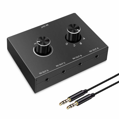 Picture of 4 Port Audio Switch, 3.5mm Audio Switcher, Stereo AUX Audio Selector, 4 Input 1 Output / 1 Input 4 Output Audio Splitter Switcher, Audio Switcher Box, 4 channel switch knob, No External Power Required