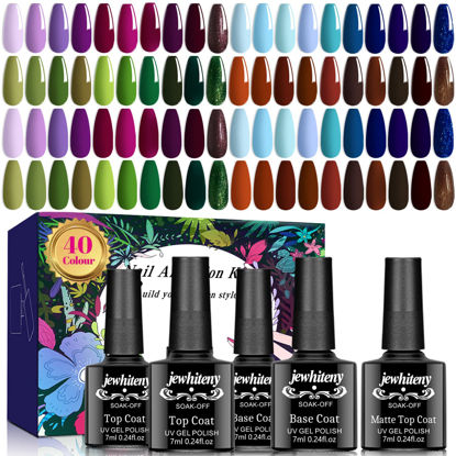 Picture of JEWHITENY 45 Pcs Gel Nail Polish Kit - Autumn Fall Winter Purple Green Glitter Red Blue Gel Polish Soak Off Glossy & Matte Top Base Coat Nail Gel Kit Nail Art Salon Halloween Gifts for Women