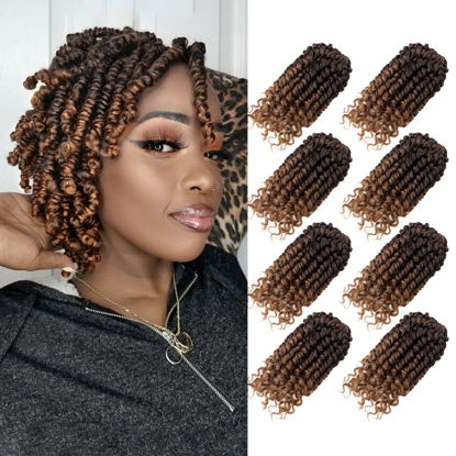 Picture of Ombre Brown Short Passion Twist Hair 6 Inch Pre-twisted Passion Twist Crochet Hair 8 Packs Pre-looped Crochet Passion Twist Braiding Hair for Black Women Bohemian Synthetic Hair Extensions