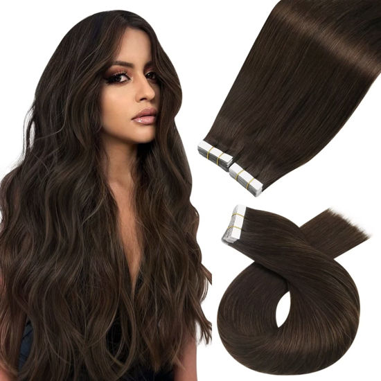 Picture of Moresoo Tape in Hair Extensions Dark Brown Human Hair Extensions Tape in Brown Hair Extensions Glue in Skin Weft Hair Extensions Tape in Human Hair Silky Straight Hair 10 Inch #4 40pcs 60g