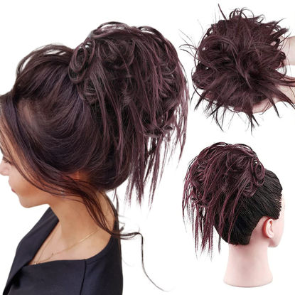 Picture of HMD Tousled Updo Messy Bun Hair Piece Hair Extension Ponytail With Elastic Rubber Band Updo Extensions Hairpiece Synthetic Hair Extensions Scrunchies Ponytail Hairpieces for Women(Tousled Updo Bun, Dark Wine)