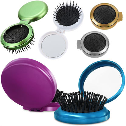 Picture of 6Pcs Round Travel Hair Brush Set - Folding Hair Brush with Small Mirror, Travel Size Brush Pocket Comb Round Hair Brush with Portable Mirror Hair Comb - Travel Mini Brush for Hair with Makeup Mirror