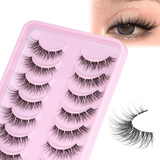 Picture of Natural Lashes Wispies Eyelashes Fluffy Strip False Eyelashes Natural Look Lashes that Look Like Extensions Cat Eye Eyelashes Clear Band 8 Pairs ALICROWN