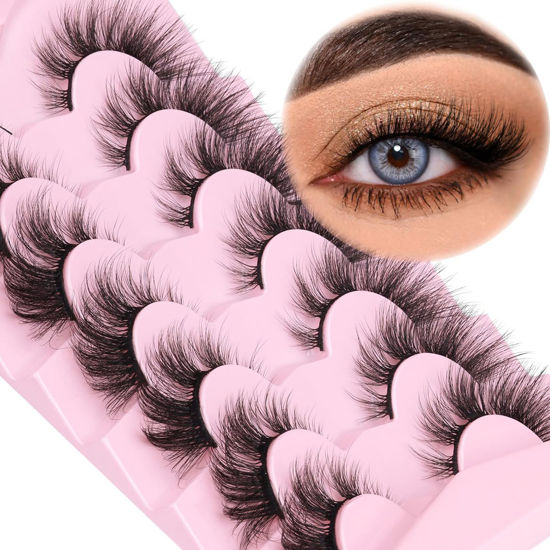 Picture of Natutarl False Lashes Cat Eye Faux Mink Eyelashes Fluffy Fox Eye Lashes That Look Like Extensions 18mm Long Strip Lashes Pack 7 Pairs by Kiromiro