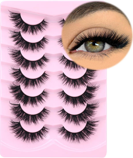 Picture of Mink Lashes Natural Look False Eyelashes Wispy Cat Eye Flat Lashes Fluffy 3D Mink Lashes Natural Fake Lashes 15mm Strip Lashes Pack 7 Pairs by Kiromiro