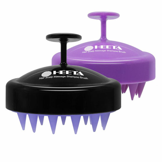 Picture of HEETA 2 Pack Hair Scalp Massager Shampoo Brush for Growth, Scrubber with Soft Silicone, Wet and Dry Detangler (Black & Purple)