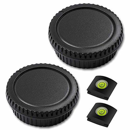 Picture of Rear Lens Cap and Front Body Cap for Canon EOS 850D 250D 90D, Rebel SL3 T8 T8i T7, 200d ii, and More Canon DSLR and Hot Shoe Cover with Bubble Spirit Level Fire Rock (2 Kits)