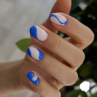 Picture of RikView French Tip Press on Nails Short Fake Nails Oval Blue Nails for Women with Swirls Design