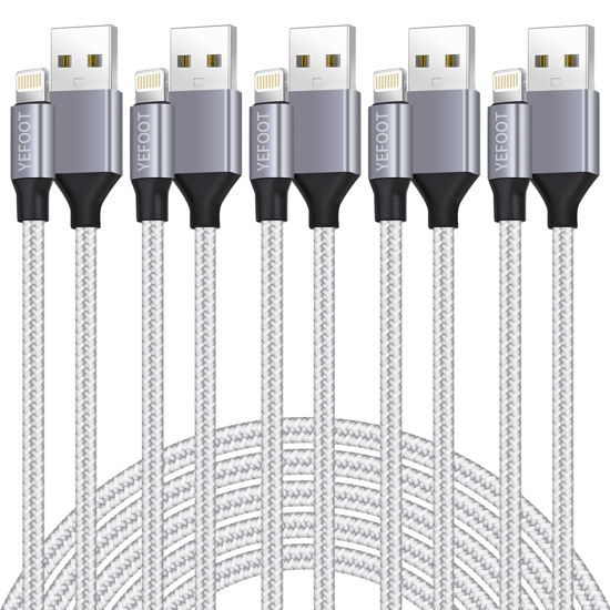 Picture of [Apple MFi Certified] 5Pack(3/3/6/6/10FT) iPhone Charger Nylon Braided Fast Charging Lightning Cable Compatible iPhone 14Pro/14/13Pro/13/12Pro/12/11and More-Silver&White