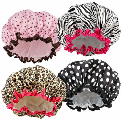 Picture of TCOTBE 4 Pieces Shower Cap for Women, Elastic and Reusable, Environmental Protection Hair Bath Caps, Double Waterproof Layers Bathing Hat