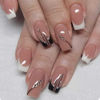 Picture of RikView French Tip Press on Nails Medium Acrylic Nails White Nails Black Stick on Nails with Rhinestones Coffin Fake Nails