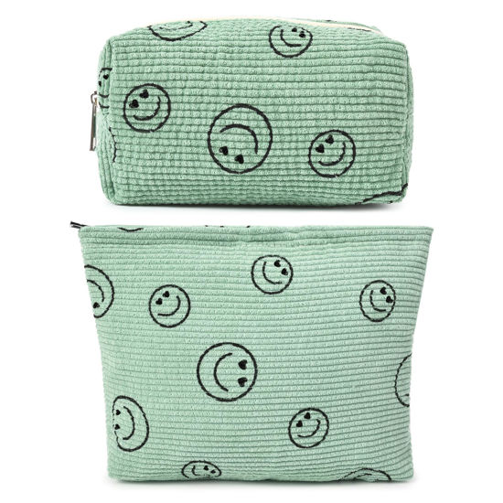 Picture of SOIDRAM 2 Pieces Makeup Bag Large Corduroy Cosmetic Bag Capacity Canvas Green Travel Toiletry Bag Organizer Cute Makeup Brushes Aesthetic Accessories Storage Bag for Women