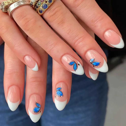 Picture of RikView French Tip Press on Nails Medium Fake Nails Almond White Stick on Nails with Butterfly Design