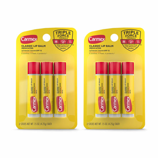 Picture of Carmex Medicated Lip Balm Sticks, Lip Moisturizer for Dry, Chapped Lips, 0.15 OZ - (2 Packs of 3)