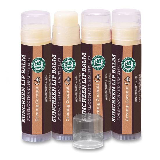 Picture of SPF Lip Balm 4-Pack by Earth's Daughter - Lip Sunscreen, SPF 15, Organic Ingredients, Coconut Flavor, Beeswax, Coconut Oil, Vitamin E - Hypoallergenic, Paraben Free, Gluten Free, New