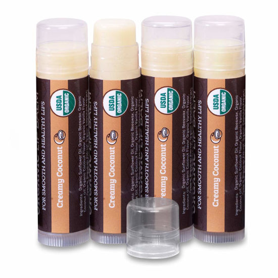 Picture of USDA Organic Lip Balm 4-Pack by Earth's Daughter - Creamy Coconut Flavor, Beeswax, Coconut Oil, Vitamin E - Best Lip Repair Chapstick for Dry Cracked Lips