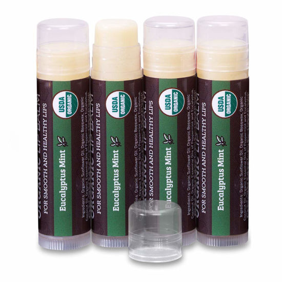 Picture of USDA Organic Lip Balm 4-Pack by Earth's Daughter - Eucalyptus Mint Flavor, Beeswax, Coconut Oil, Vitamin E - Best Lip Repair Chapstick for Dry Cracked Lips.