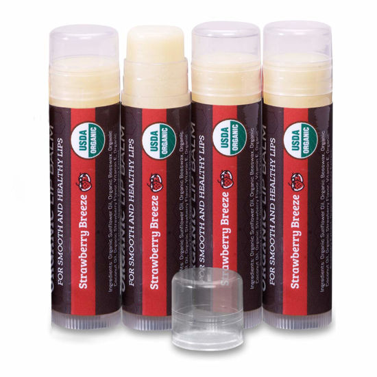 Picture of USDA Organic Lip Balm 4-Pack by Earth's Daughter - Strawberry Flavor, Beeswax, Coconut Oil, Vitamin E - Best Lip Repair Chapstick for Dry Cracked Lips.