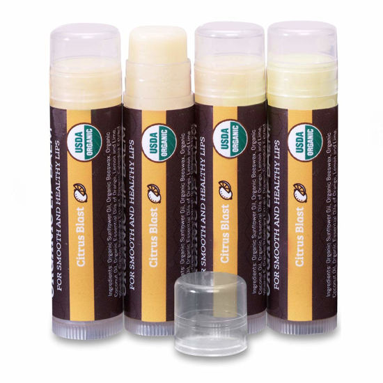 Picture of USDA Organic Lip Balm 4-Pack by Earth's Daughter - Citrus Flavor, Beeswax, Coconut Oil, Vitamin E - Best Lip Repair Chapstick for Dry Cracked Lips.