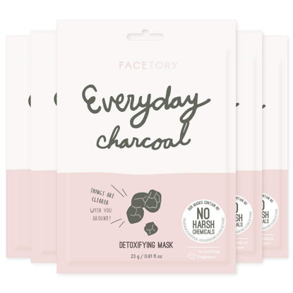 Picture of FACETORY Everyday Charcoal Detoxifying Mask With No Harsh Chemicals - Soft Face Masks, For All Skin Types - Clarifying, Oil Controlling, and Hydrating (Pack of 5)