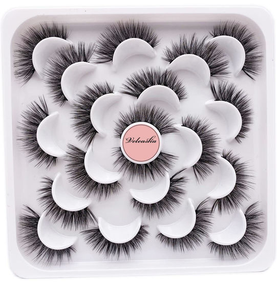 Picture of Veleasha Fake Eyelashes Natural Look 3D Faux Mink Lashes Cat Eye Lashes 18mm 10 Pairs Eyelashes Pack Reusable Handmade Wispy Lashes for Makeup | V52