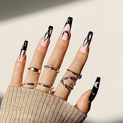 Picture of YOSOMK 24PCS Long False Fake Nails Coffin Press on Nails Long with Designs Full Cover Acrylic Nails Glue On Nail Diamonds Stick on Nails for Women Girls?Black White Star and Moon?