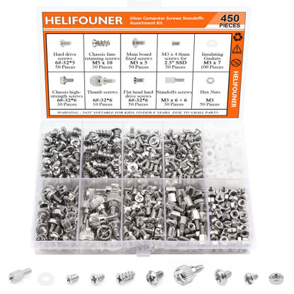 Picture of HELIFOUNER 450 Pieces Computer Standoffs Screws Assortment Kit for 2.5" SSD, Hard Drive, Computer Case, Motherboard, Fan Power Graphics with Screwdriver, Silver