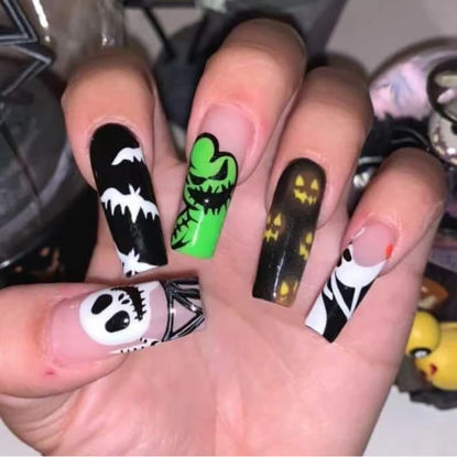 Picture of Halloween Press on Nails Long Coffin Fake Nails Full Cover Stick on Nails with Ghost Skull Scary Design Press on Nails Nightmare Before Christmas Nails Acrylic Nail for Women And Girls