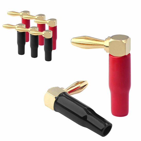 Picture of VCELINK Right Angle Banana Plugs 4 Pairs/8 Pack, 90 Degree 4mm 24K Gold Plated Dual Screw Type Speaker Connector for Speaker Wire, Red and Black