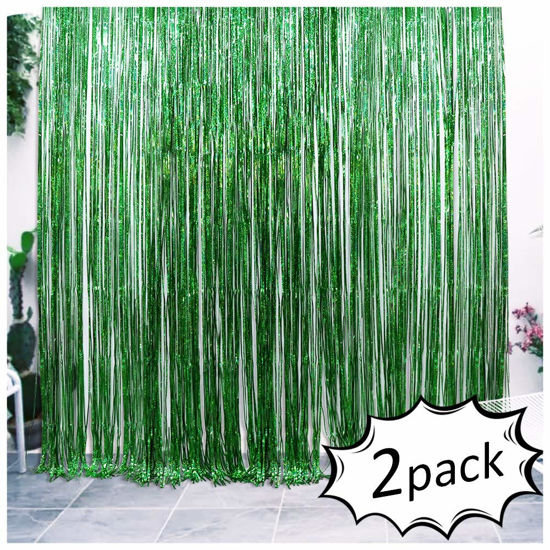 Picture of Iridescent Foil Fringe Curtains Rainforest Jungle Theme Party Supplies Birthday Wedding Party Window Door Decorations Fun Photo Booth Backdrop Props(2 Packs, (W) 3.28*(H) 6.56 Ft, Green)